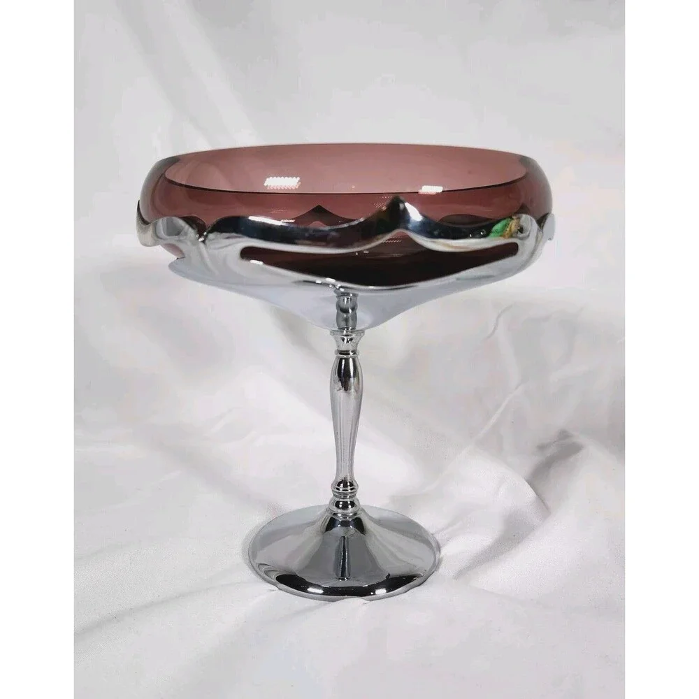 Vintage Farber Bros New York Krome-Kraft Purple Amethyst Art Deco Glass Compote